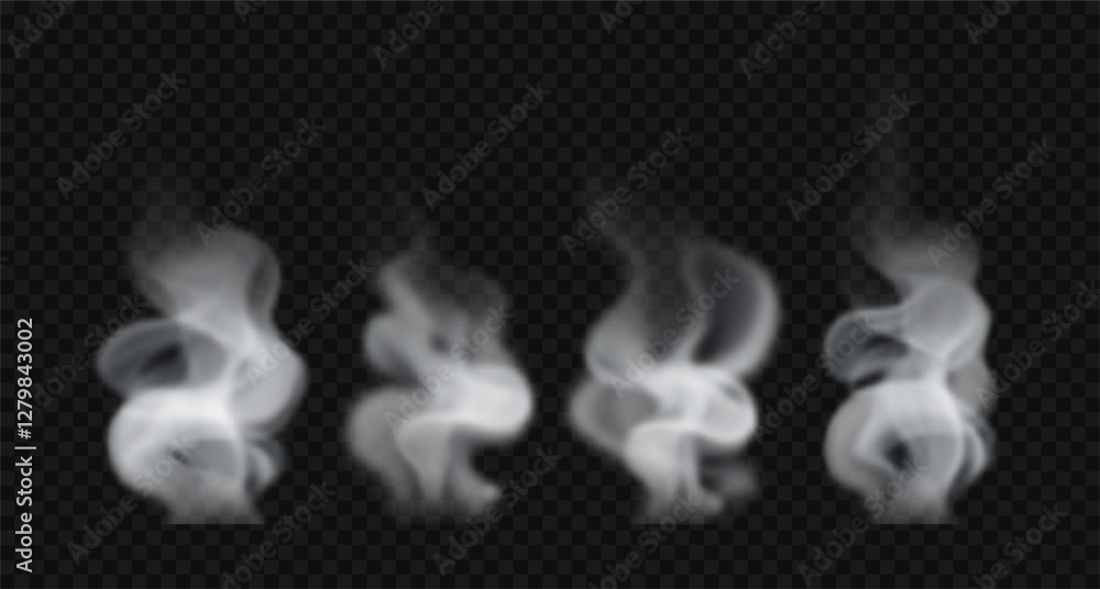 Fototapeta premium Mist wavy vapor, hot food steam, hookah smoke. Set of vector realistic smoke isolated on transparent background