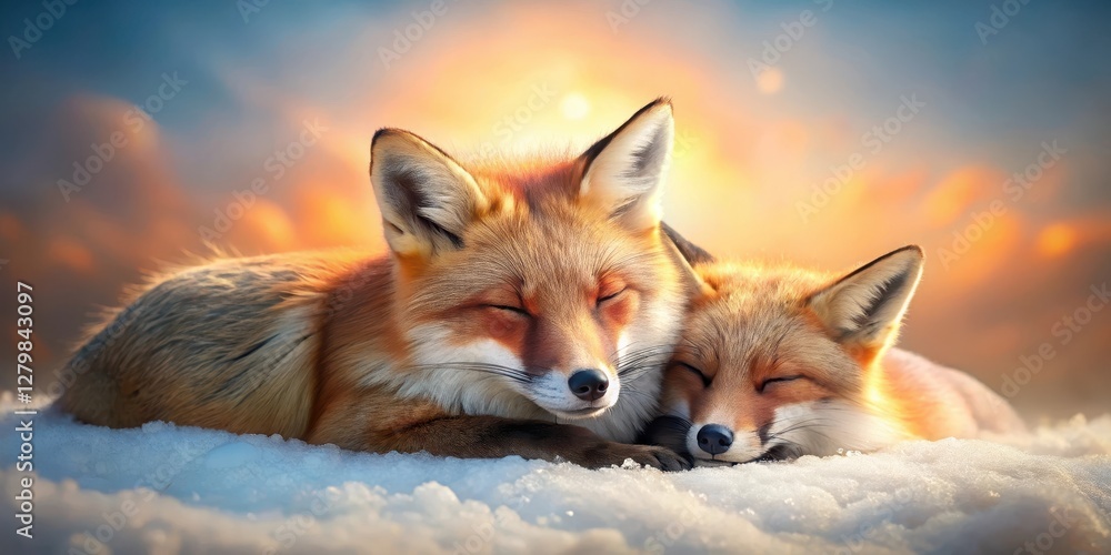 Obraz premium Two red foxes peacefully nestled together in the snow during a vibrant sunset, a heartwarming winter scene of wildlife tranquility.