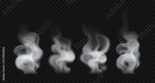 Mist wavy vapor, hot food steam, hookah smoke. Set of vector realistic smoke isolated on transparent background