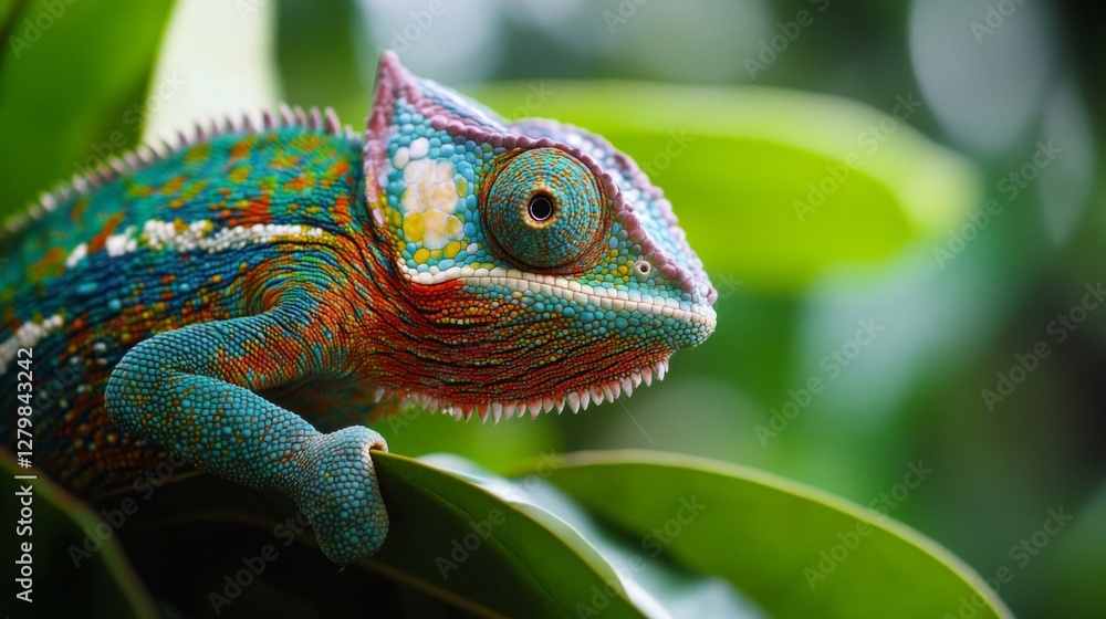 Fototapeta premium Vibrant Chameleon on Lush Green Foliage