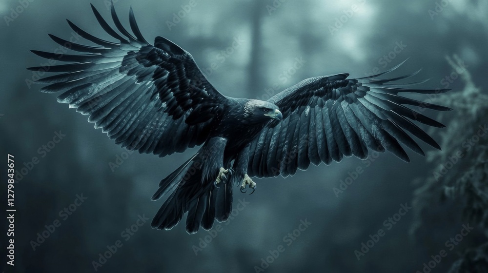 Fototapeta premium Dark Moody Eagle Soaring Through a Misty Forest