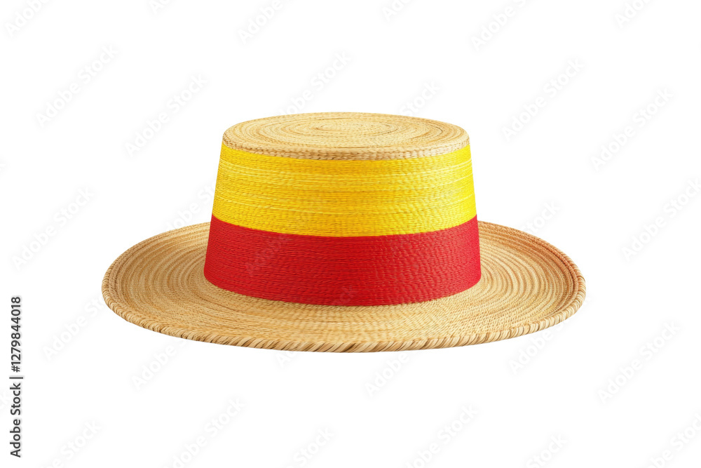 Straw hat with a yellow stripe and red stripe, isolated Straw hat with a yellow stripe and red stripe, isolated