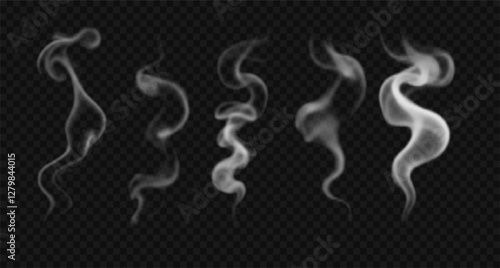 Set of various vector cigarette smoke, vapor, haze. Realistic wavy, swirl hookah steam isolated on transparent background