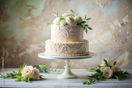 Elegant Two-Tiered Wedding Cake Adorned with Delicate Floral Arrangements on a Pastel Cake Stand