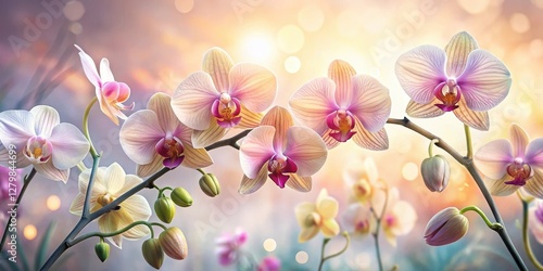 Delicate Pastel Orchids Blooming at Sunset, a Serene Floral Display in Soft Focus