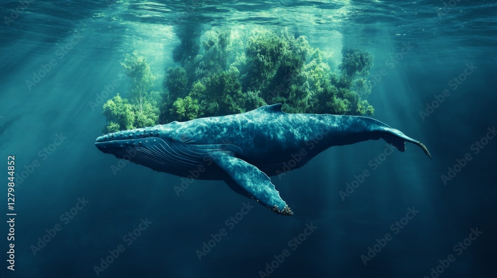 Fototapeta premium Pixelated Humpback Whale Undersea, Sunlight Rays Through Green Algae