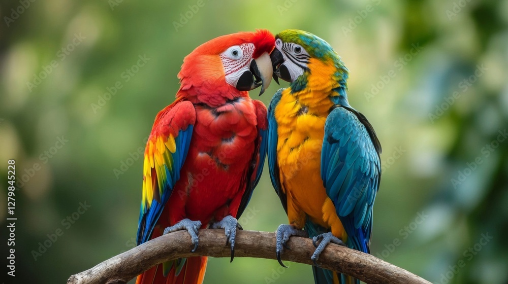 Two Macaws Perched on Branch, Red and Blue Plumage, Tropical Setting Two Macaws Perched on Branch, Red and Blue Plumage, Tropical Setting