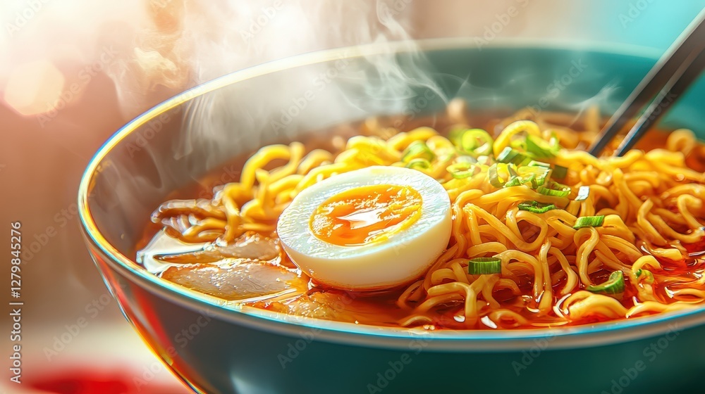 Delicious Hot Noodle Bowl with Egg and Fresh Green Onions Delicious Hot Noodle Bowl with Egg and Fresh Green Onions