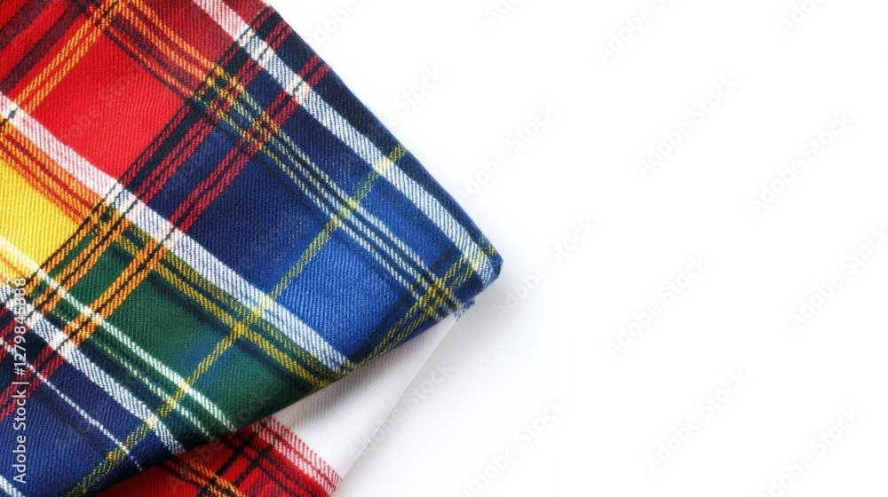 Colorful plaid fabric draped elegantly on a clean white surface, showcasing vibrant patterns Colorful plaid fabric draped elegantly on a clean white surface, showcasing vibrant patterns