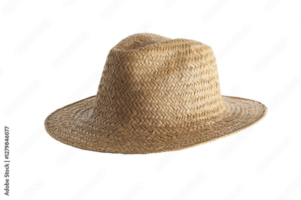 Straw hat with a brown band sits on a white background, isolated Straw hat with a brown band sits on a white background, isolated