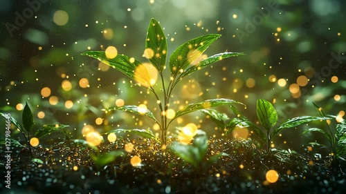 Mystical glowing sprout in forest floor