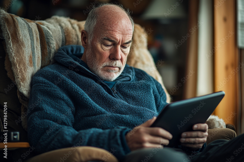 Obraz premium Senior Man Reading on Tablet in Cozy Living Room Setting