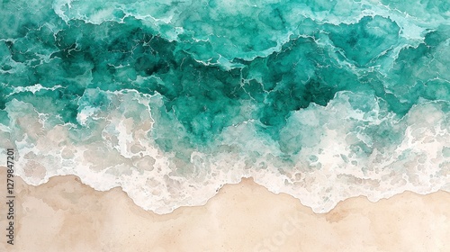 Aerial view turquoise ocean waves crashing sandy beach
