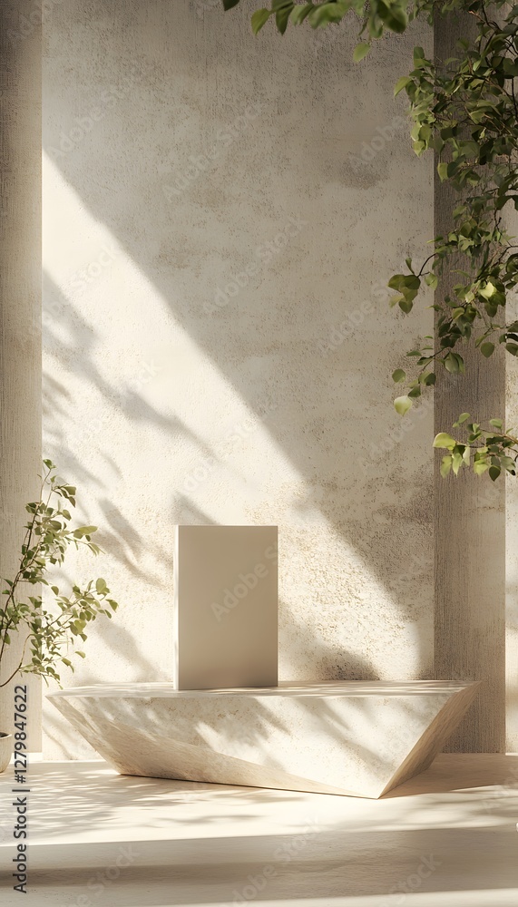 A minimalistic scene of a plant and stone display A minimalistic scene of a plant and stone display