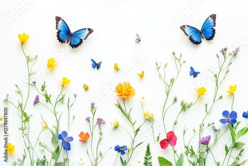 Vibrant arrangement of colorful flowers and butterflies against a white background, symbolizing nature s beauty in springtime