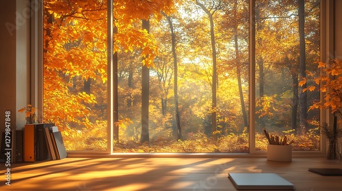 A tranquil view of a golden autumn forest glowing in sunlight, framed by a wide office window with clean glass, soft shadows and warm tones inside, a cozy workspace enhancing the serene environment,