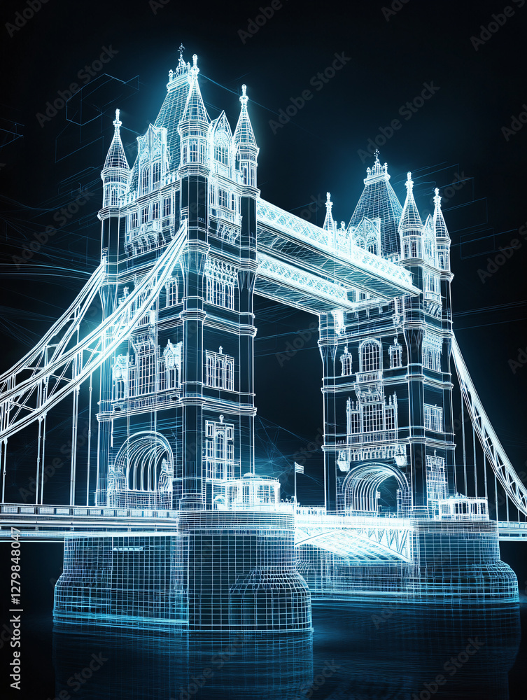 Obraz premium Tower Bridge holographic light blue futuristic sci-fi cyberpunk glowing neon AI technology London landmark cyber reality artificial intelligence metaverse architectural skyline mesh dot