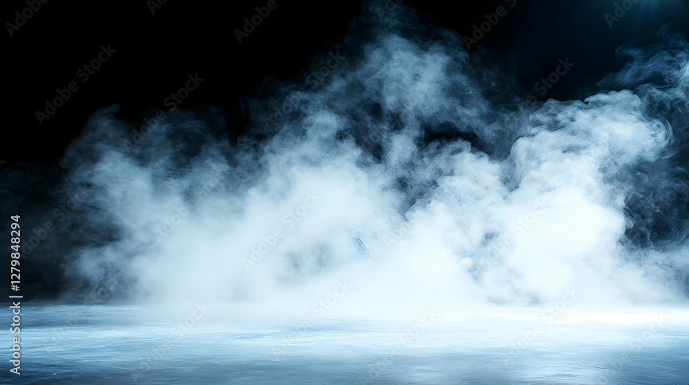 Fototapeta premium Ethereal blue smoke billows across a dark studio floor, creating a mystical atmosphere ideal for backgrounds or compositing