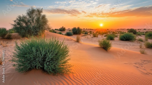 Serene Desert Landscape with Sun Setting Over Sand Dunes