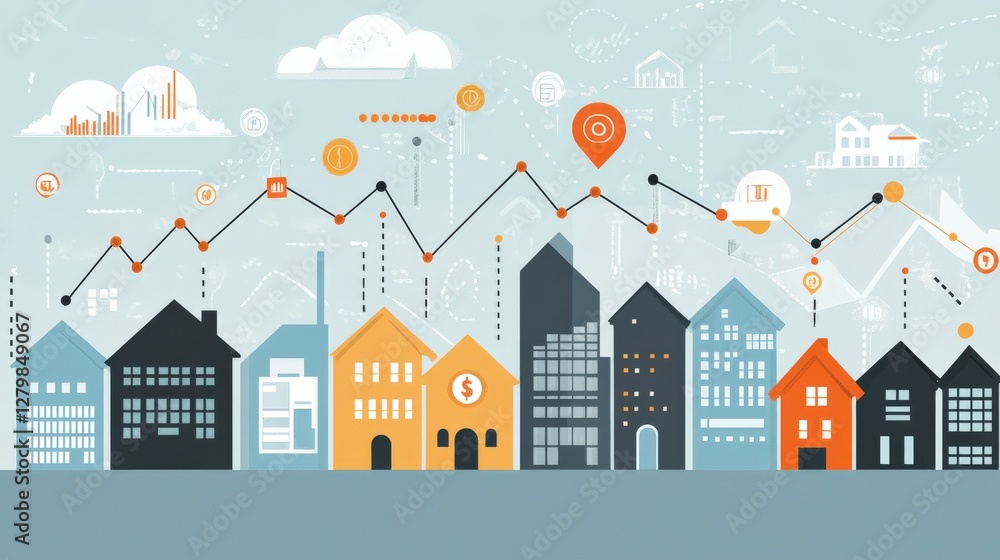 Colorful urban skyline with diverse buildings and data visualization elements in the background Colorful urban skyline with diverse buildings and data visualization elements in the background