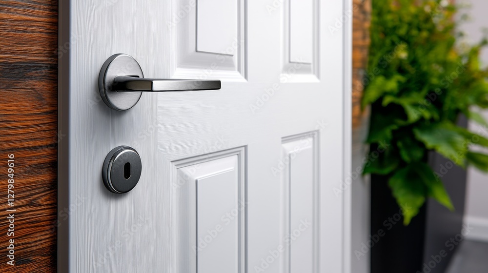 Fototapeta premium Modern entrance door with a sleek handle set against wooden paneling and greenery