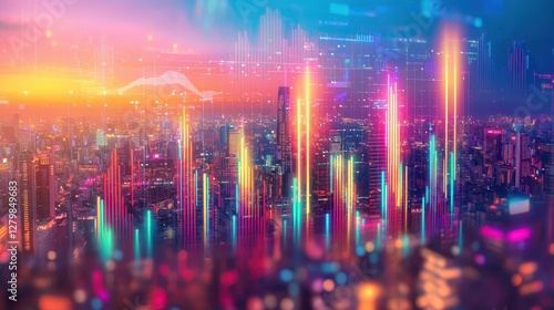 Vibrant City Skyline with Digital Data Visualization and Sunset
