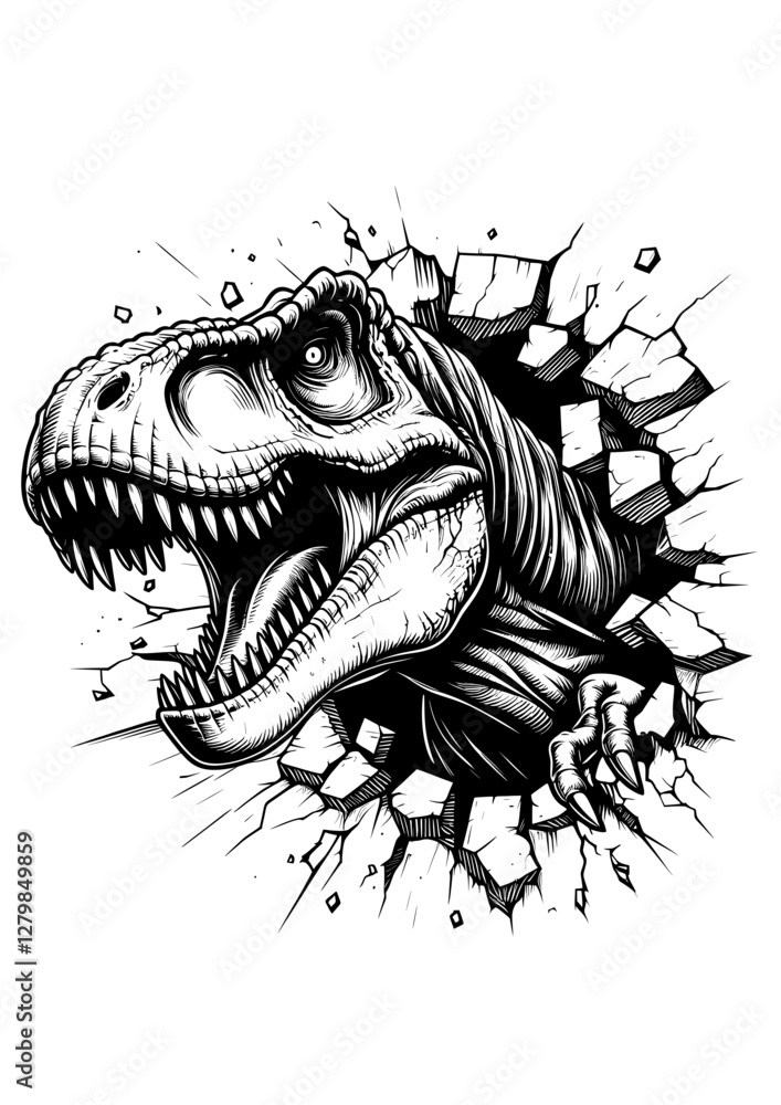 Vector Illustration of a T-Rex Breaking through a Wall Vector Illustration of a T-Rex Breaking through a Wall