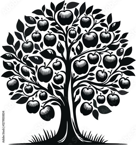 Elegant Black and White Apple Tree Clipart.eps