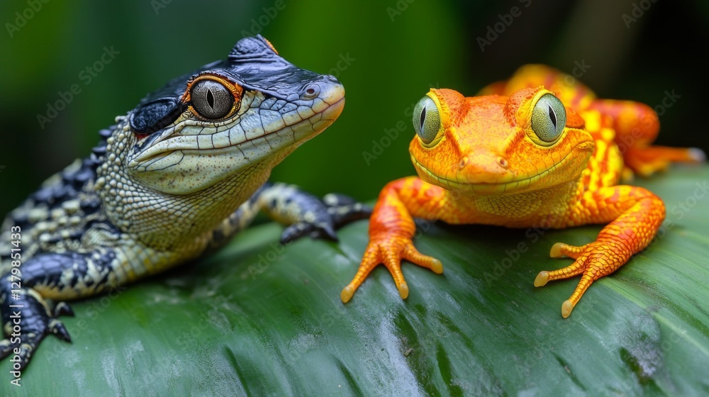 Fototapeta premium Closeup of a Black and Blue Lizard and an Orange Frog on a Green Leaf