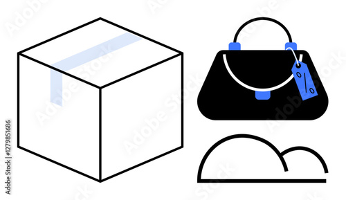 Boxed parcel beside handbag with tag and cloud. Ideal for e-commerce, shipping, logistics, retail, fashion industry, cloud storage, consumer services, abstract line flat metaphor