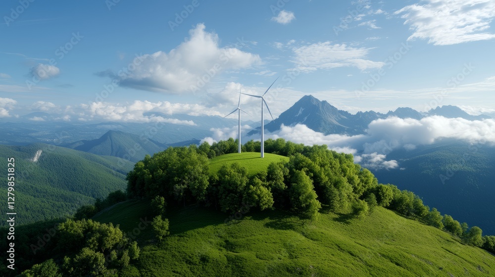 Embracing the Future of Energy: A Wind Turbine Standing Tall on a Lush Green Hill Showcasing the Promise of Sustainable Power Production Embracing the Future of Energy: A Wind Turbine Standing Tall on a Lush Green Hill Showcasing the Promise of Sustainable Power Production