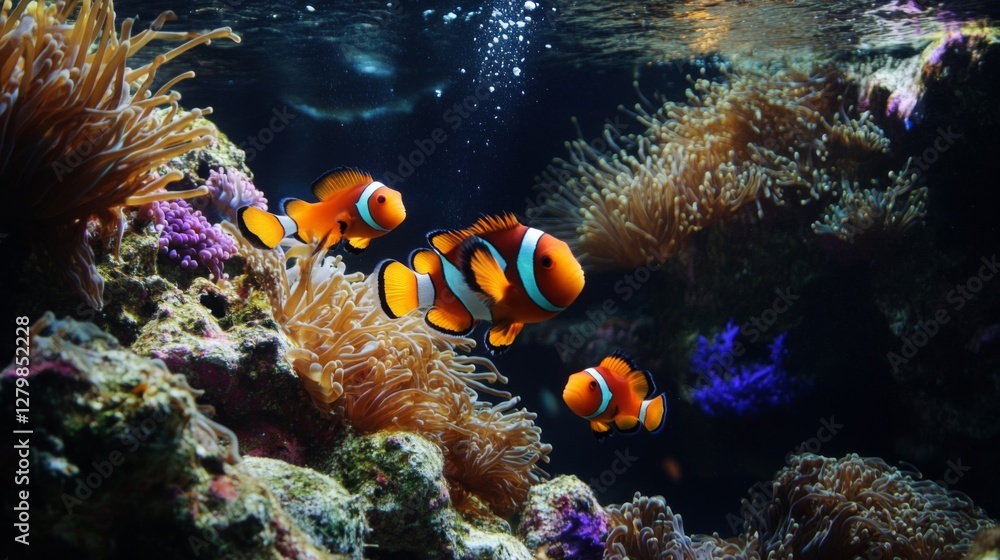 Fototapeta premium Orange Clownfish Swimming Among Vibrant Coral Reef