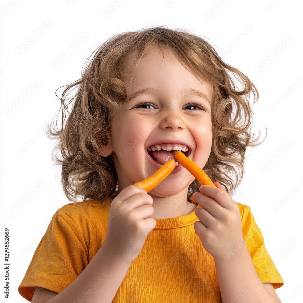 Happy child smiling and enjoying orange snack with playful expression on face, bright and cheerful atmosphere Happy child smiling and enjoying orange snack with playful expression on face, bright and cheerful atmosphere