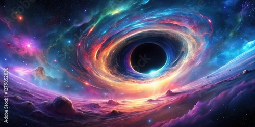 Cosmic Vortex A swirling nebula envelops a dark stellar singularity, celestial bodies and vibrant gaseous formations paint a breathtaking panorama across a vast expanse of space.