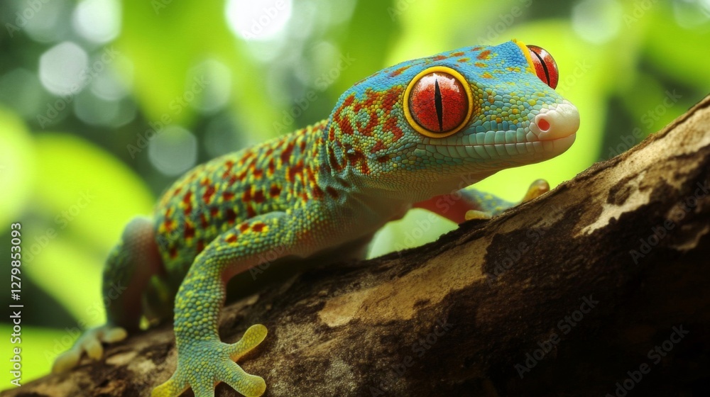 Obraz premium Vibrant Green And Red Gecko On Tree Branch