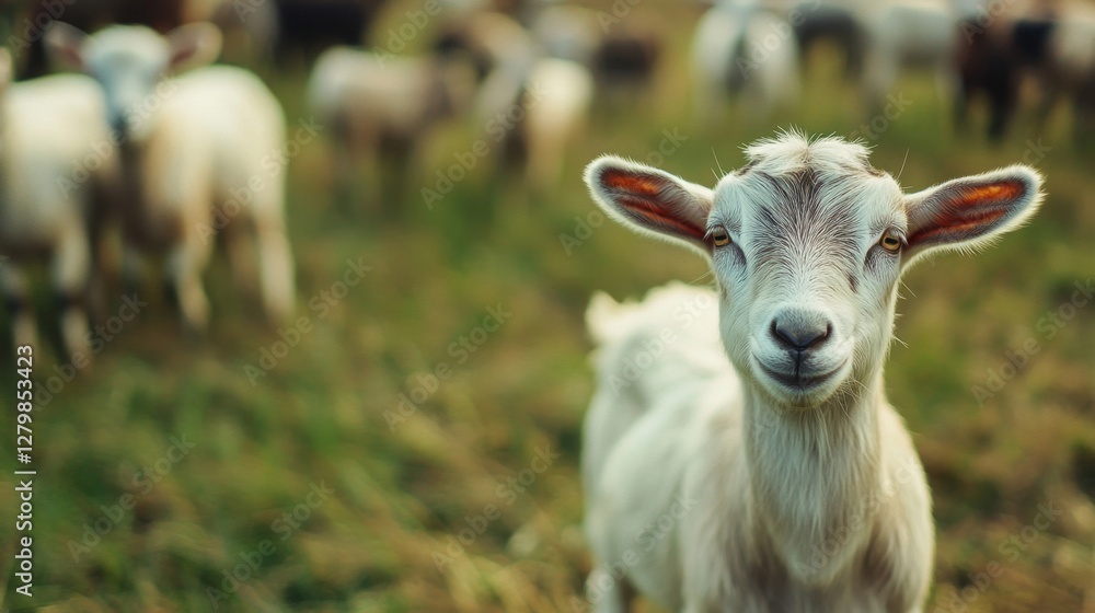 Obraz premium Adorable Young White Goat in Lush Green Pasture