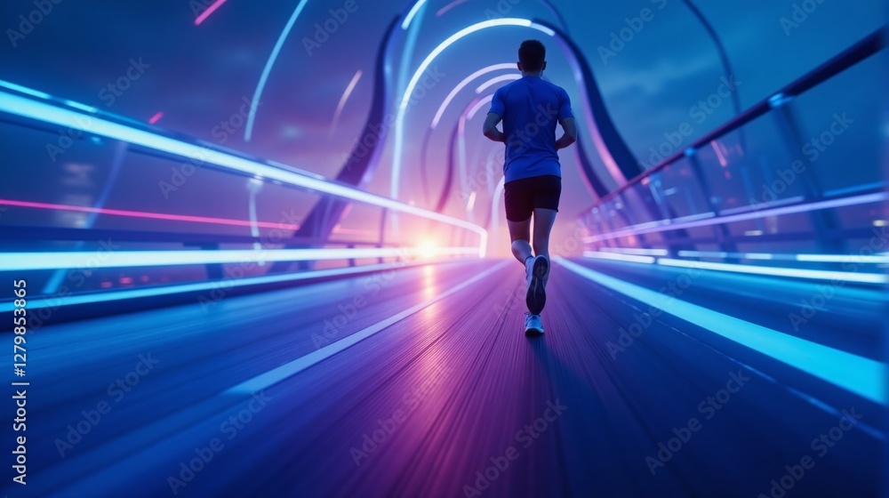Male jogger running energetically on a futuristic illuminated bridge at night Male jogger running energetically on a futuristic illuminated bridge at night