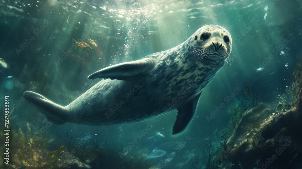 Underwater Seal Pup in Dark Green Ocean Underwater Seal Pup in Dark Green Ocean