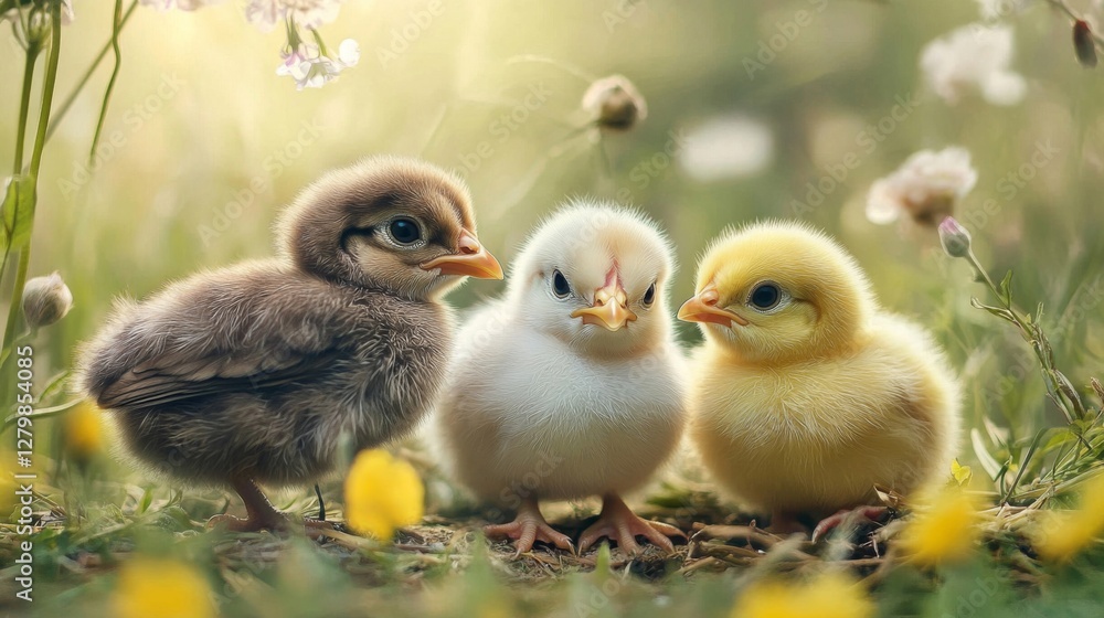 Three Fluffy Baby Chicks in Sunny Field Three Fluffy Baby Chicks in Sunny Field
