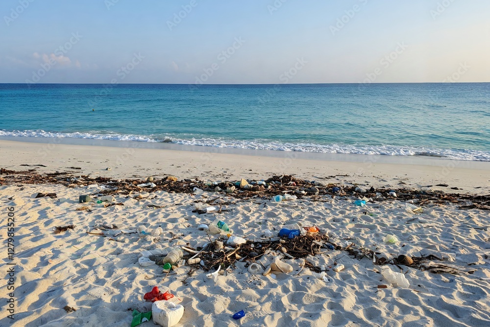Plastic Pollution Litters Pristine Beach, a Sad Environmental Tragedy. A vast expanse of pristine white sand beach is sadly marred by a significant amount of plastic debris washed ashore. Plastic Pollution Litters Pristine Beach, a Sad Environmental Tragedy. A vast expanse of pristine white sand beach is sadly marred by a significant amount of plastic debris washed ashore.