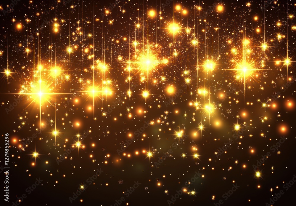 Naklejka premium Glimmering Gold Stars on a Dark Night Sky, Sparkling Light Particles Creating a Magical and Dreamy Atmosphere for Celebrations and Events