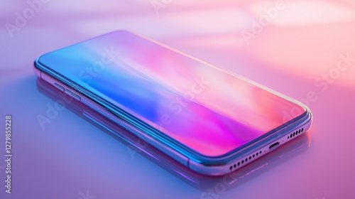 Modern smartphone with colorful abstract screen on a reflective surface