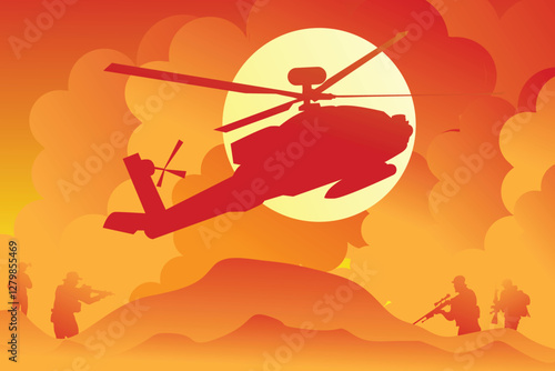Vector illustration of war with lots of bomb explosions. Silhouettes of soldiers and war helicopters amidst lots of bomb explosions and high smoke