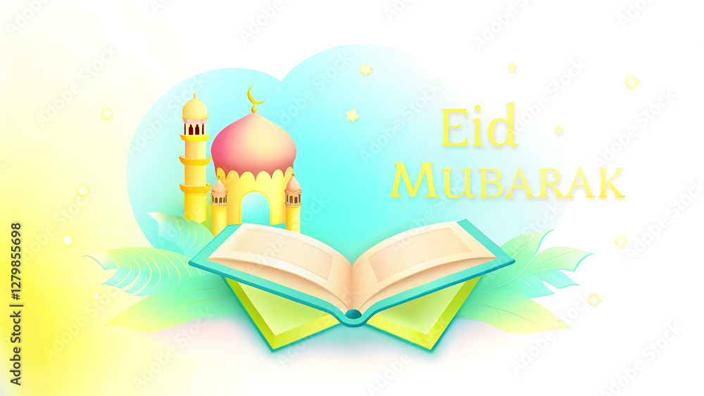 Eid Mubarak Celebration with Open Quran and Islamic Décor Eid Mubarak Celebration with Open Quran and Islamic Décor