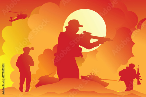 Vector illustration of war with lots of bomb explosions. Silhouettes of soldiers and armored tanks fighting amidst lots of bomb explosions and high smoke