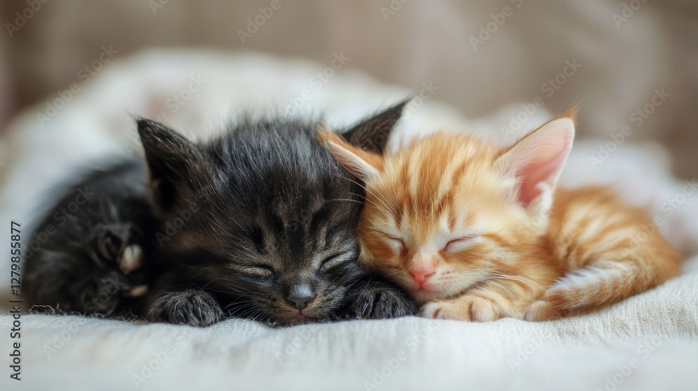 Two Kittens Sleeping Together on a Soft Blanket Two Kittens Sleeping Together on a Soft Blanket