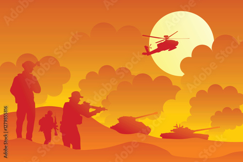 Vector illustration of war with lots of bomb explosions. Silhouettes of soldiers fighting amidst lots of bomb explosions and high smoke