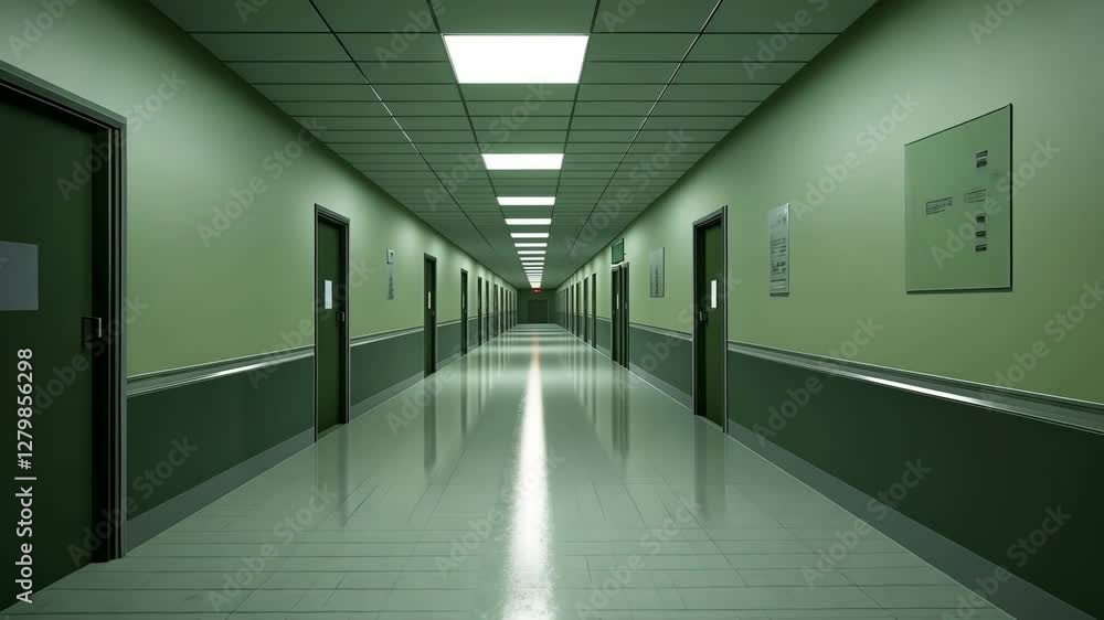 Long, empty hospital corridor with green walls and closed doors, illuminated by fluorescent lights, creates sterile and quiet atmosphere polished floor reflects ceiling lights, enhancing sense of Long, empty hospital corridor with green walls and closed doors, illuminated by fluorescent lights, creates sterile and quiet atmosphere polished floor reflects ceiling lights, enhancing sense of