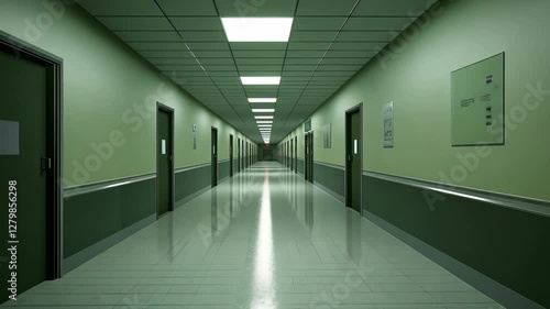 Long, empty hospital corridor with green walls and closed doors, illuminated by fluorescent lights, creates sterile and quiet atmosphere polished floor reflects ceiling lights, enhancing sense of