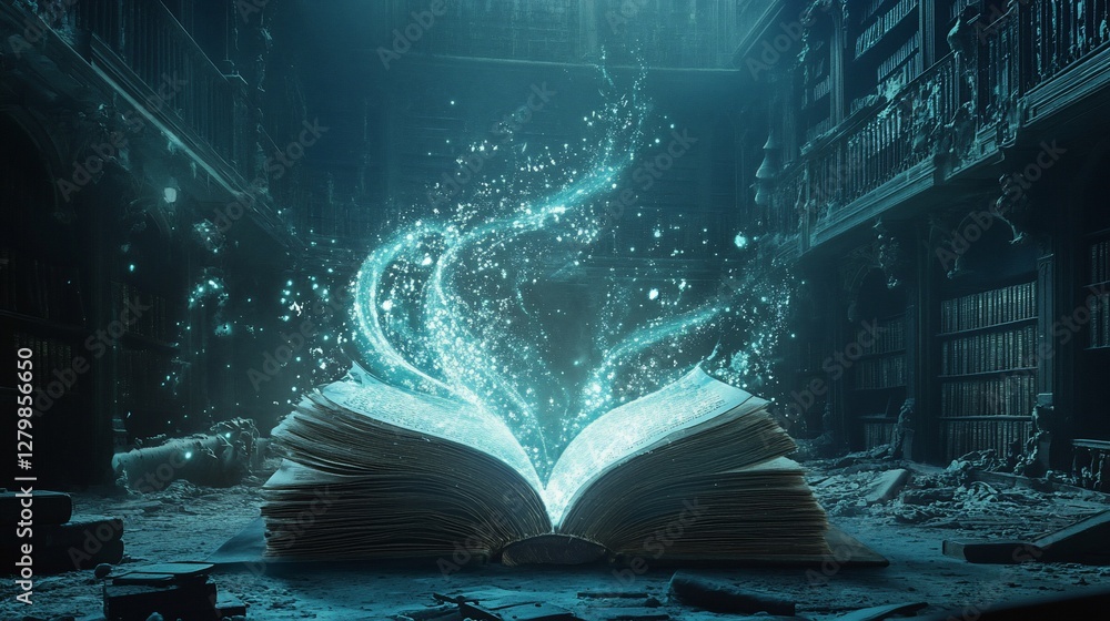 Obraz premium An open book emits glowing energy in a dark and mysterious library setting full of books